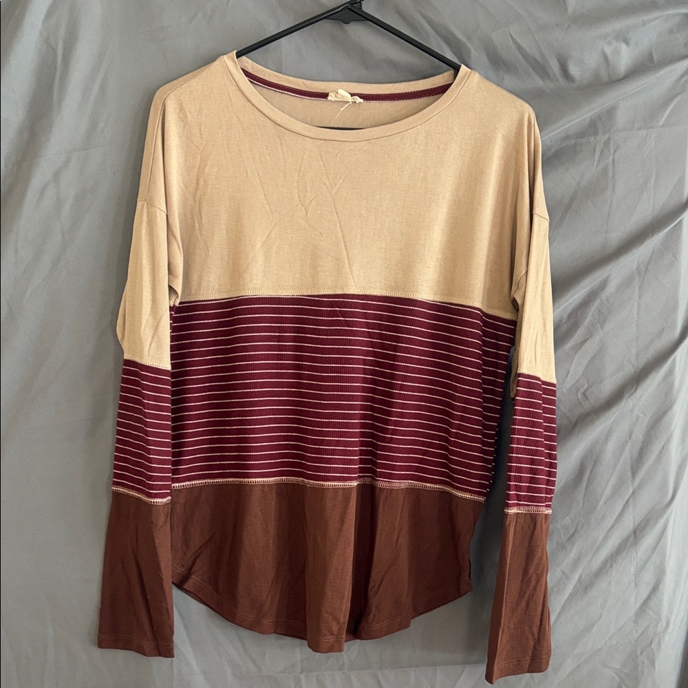 Hem & Thread Striped Long Sleeve Top in Cream, Burgundy, and Brown